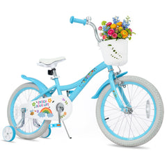 18 Inch Girls Bike with Basket, Kickstand and Training Wheels, Blue