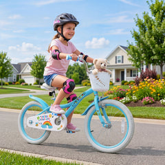 18 Inch Girls Bike with Basket, Kickstand and Training Wheels, Blue