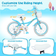 18 Inch Girls Bike with Basket, Kickstand and Training Wheels, Blue