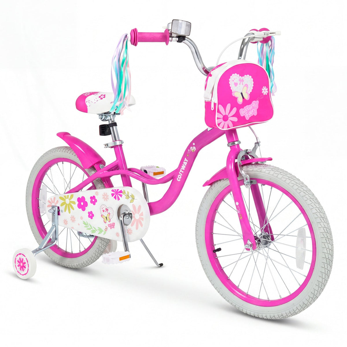 18 Inch Girls Bike with Front Bag, Streamers and Training Wheels, Pink