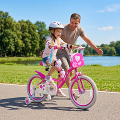 18 Inch Girls Bike with Front Bag, Streamers and Training Wheels, Pink
