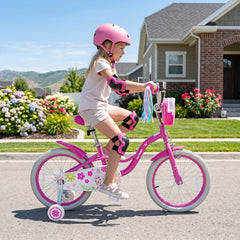 18 Inch Girls Bike with Front Bag, Streamers and Training Wheels, Pink