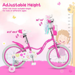 18 Inch Girls Bike with Front Bag, Streamers and Training Wheels, Pink