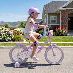 18 Inch Girls Bike with Front Bag, Kickstand and Training Wheels, Purple
