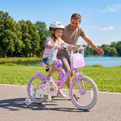 18 Inch Girls Bike with Front Bag, Kickstand and Training Wheels, Purple