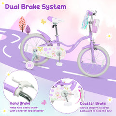 18 Inch Girls Bike with Front Bag, Kickstand and Training Wheels, Purple