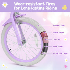 18 Inch Girls Bike with Front Bag, Kickstand and Training Wheels, Purple