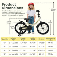 18 Inch Kids Sport Bike with Kickstand, Reflectors and Training Wheels, Cream