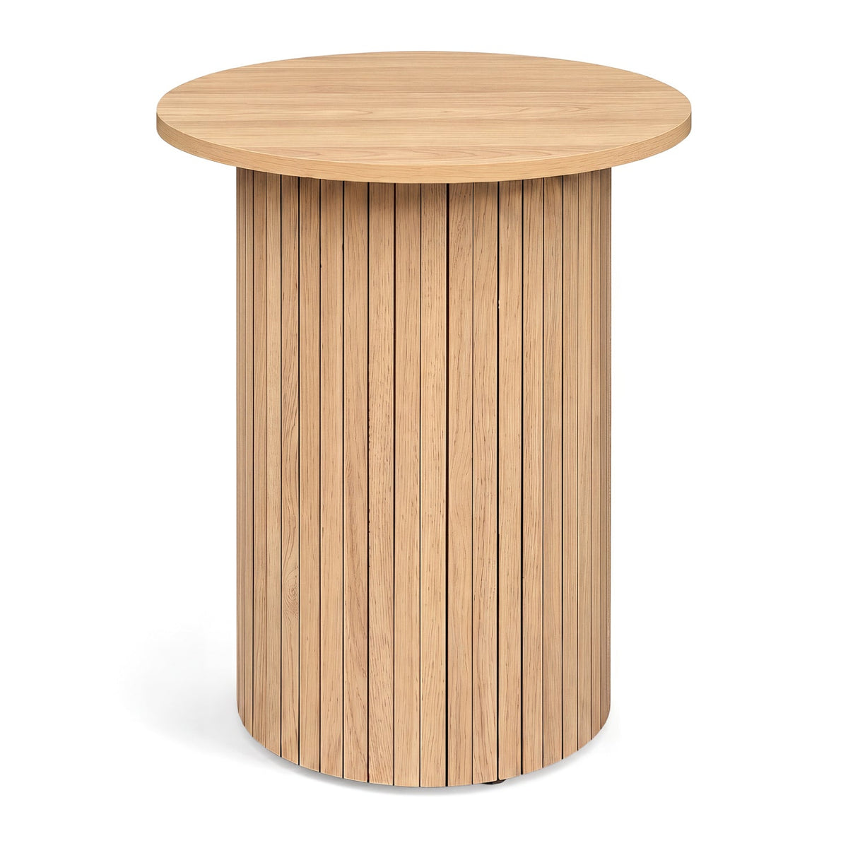 18 inches Round Fluted Side Table with Pedestal Drum Design and Non-Slip Foot Pads for Small Spaces-Natrual