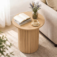 18 inches Round Fluted Side Table with Pedestal Drum Design and Non-Slip Foot Pads for Small Spaces-Natrual