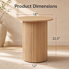 18 inches Round Fluted Side Table with Pedestal Drum Design and Non-Slip Foot Pads for Small Spaces-Natrual