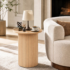 18 inches Round Fluted Side Table with Pedestal Drum Design and Non-Slip Foot Pads for Small Spaces-Natrual