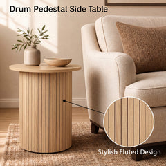 18 inches Round Fluted Side Table with Pedestal Drum Design and Non-Slip Foot Pads for Small Spaces-Natrual