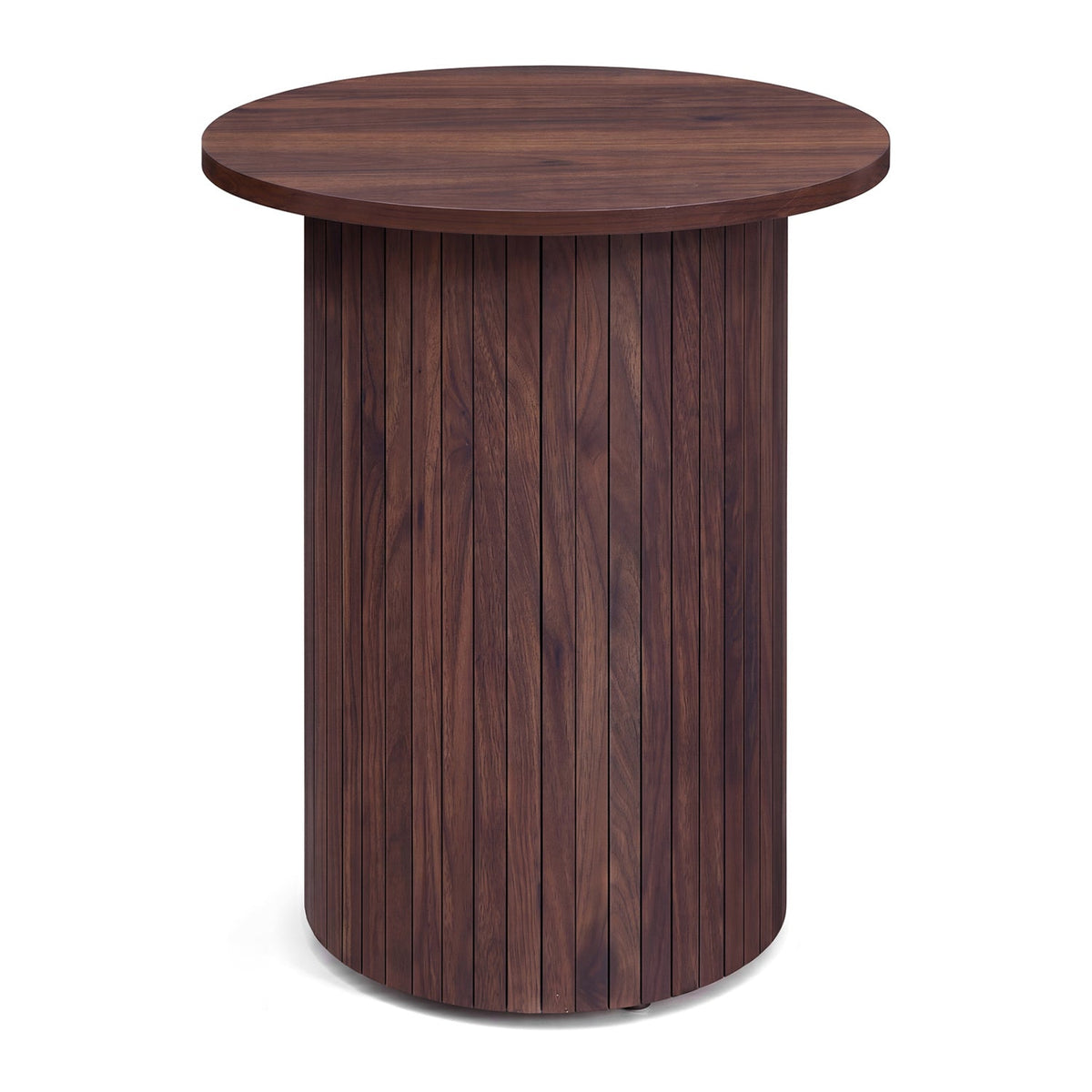 18 inches Round Fluted Side Table with Pedestal Drum Design and Non-Slip Foot Pads for Small Spaces-Walnut
