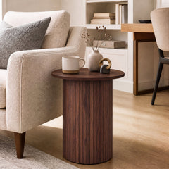 18 inches Round Fluted Side Table with Pedestal Drum Design and Non-Slip Foot Pads for Small Spaces-Walnut