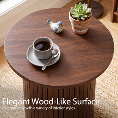 18 inches Round Fluted Side Table with Pedestal Drum Design and Non-Slip Foot Pads for Small Spaces-Walnut
