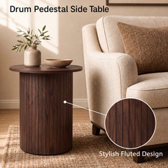 18 inches Round Fluted Side Table with Pedestal Drum Design and Non-Slip Foot Pads for Small Spaces-Walnut