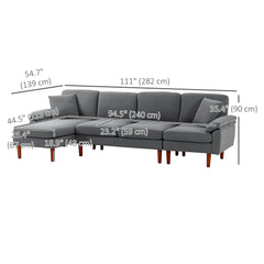 L-Shape Sofa, Modern Sectional Couch with Changeable Chaise Lounge, Pillows and Wooden Legs for Living Room, Dark Grey