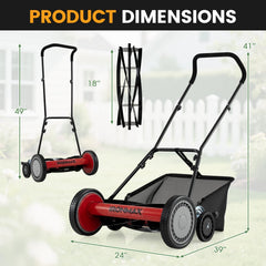 18 Inch Push Reel Lawn Mower 4-Position Adjustable with Removable Grass Catcher-Red