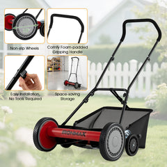 18 Inch Push Reel Lawn Mower 4-Position Adjustable with Removable Grass Catcher-Red