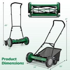 18 Inch Push Reel Lawn Mower 4-Position Adjustable with Removable Grass Catcher-Green