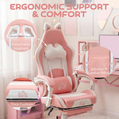 Cute Racing Gamer Chair, Faux Leather Gaming Chair with Footrest, Headrest and Lumbar Support, Black