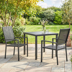 Stackable Patio Chairs Set of 2, Outdoor Dining Chairs with Faux Wicker Steel Mesh Back, Slatted Seat, Armrests, Black