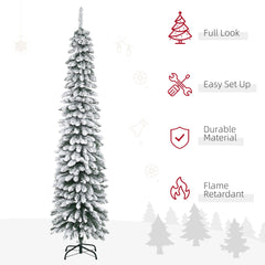 6 Ft Snow-Flocked Artificial Christmas Tree, Slim Pencil Xmas Tree with Realistic Branches, Metal Base, Green