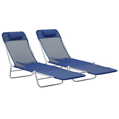 Set of 2 Folding Chaise Lounge Chairs, Outdoor Poolside Sun Tanning Chairs w/ Pillow, Reclining Backrest, Blue