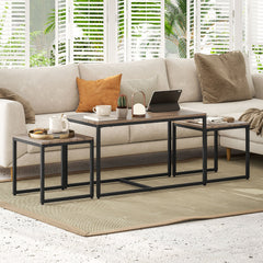 Nesting Coffee Table Set of 3, Modern End Tables with Black Metal Frame for Living Room Home Furniture, Natural