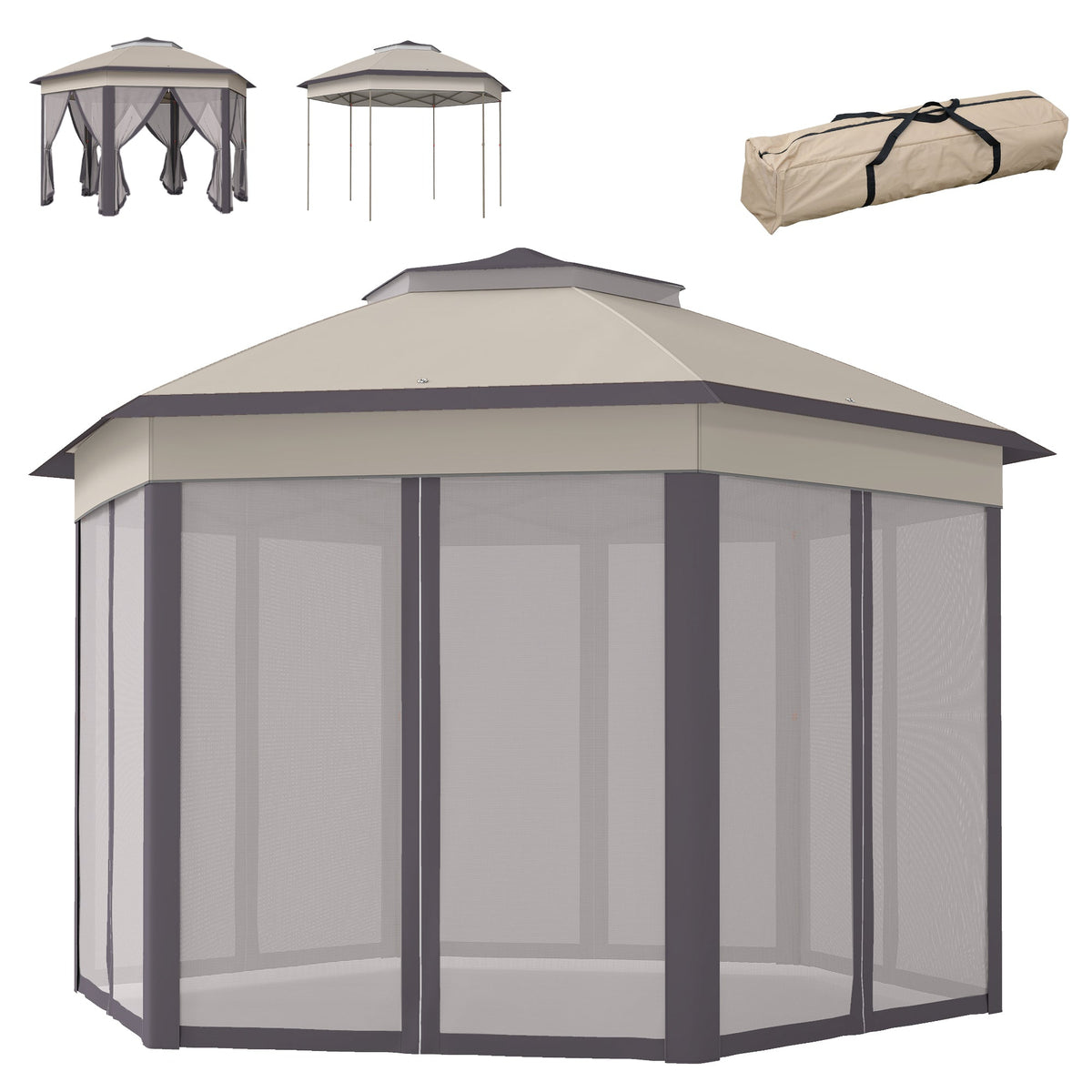 13' x 13' Pop Up Canopy Tent with Netting and Carry Bag, Instant Sun Shelter, Coffee and Beige