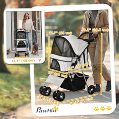 Cat Dog Stroller, One-click Foldable Pet Stroller w/Cup Holder, 4 Wheels Travel Carrier w/Brakes, 360° Swiveling Front Wheels, Storage Basket, for XS/Small Dogs Cats, Black