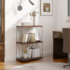 34 Inch 3 Tier Display Rack with Metal Frame, Walnut Bookshelf 24 Inches Wide