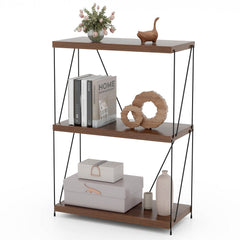 34 Inch 3 Tier Display Rack with Metal Frame, Walnut Bookshelf 24 Inches Wide