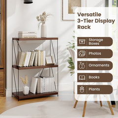 34 Inch 3 Tier Display Rack with Metal Frame, Walnut Bookshelf 24 Inches Wide