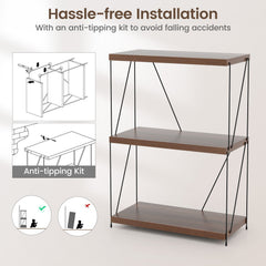 34 Inch 3 Tier Display Rack with Metal Frame, Walnut Bookshelf 24 Inches Wide