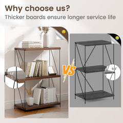 34 Inch 3 Tier Display Rack with Metal Frame, Walnut Bookshelf 24 Inches Wide