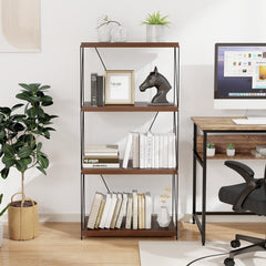 4 Tier Display Rack with Metal Frame, Walnut Industrial Bookshelf with Adjustable Feet