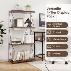 4 Tier Display Rack with Metal Frame, Walnut Industrial Bookshelf with Adjustable Feet