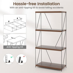 4 Tier Display Rack with Metal Frame, Walnut Industrial Bookshelf with Adjustable Feet