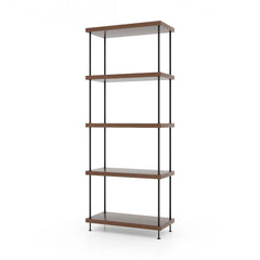 5 Tier Display Rack with Metal Frame, Tall Walnut Bookshelf with Adjustable Feet