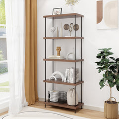 5 Tier Display Rack with Metal Frame, Tall Walnut Bookshelf with Adjustable Feet
