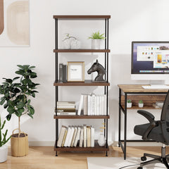 5 Tier Display Rack with Metal Frame, Tall Walnut Bookshelf with Adjustable Feet