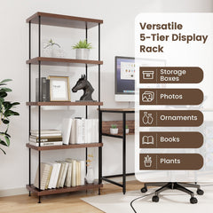 5 Tier Display Rack with Metal Frame, Tall Walnut Bookshelf with Adjustable Feet