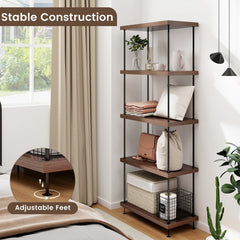 5 Tier Display Rack with Metal Frame, Tall Walnut Bookshelf with Adjustable Feet