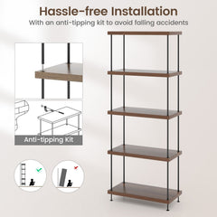 5 Tier Display Rack with Metal Frame, Tall Walnut Bookshelf with Adjustable Feet