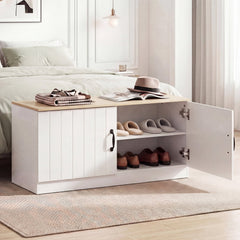 2-Door Shoe Bench Shoe Storage Cabinet with Adjustable Shelves-Natural