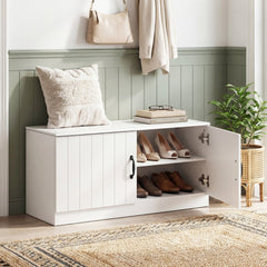 2-Door Shoe Bench Shoe Storage Cabinet with Adjustable Shelves-White