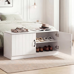 2-Door Shoe Bench Shoe Storage Cabinet with Adjustable Shelves-White