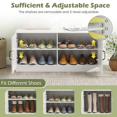 2-Door Shoe Bench Shoe Storage Cabinet with Adjustable Shelves-White